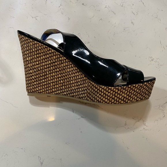 Faded Glory Open Toe Wedge Heels Black Tan Strap - Picture 5 of 8